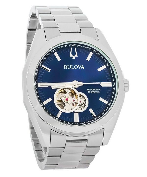 Bulova Classic Surveyor ruostumattomasta teräksestä valmistettu sininen avoin sydänkello, automaattinen 96A275 miesten kello