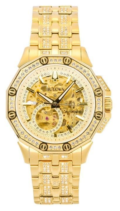 Bulova Octava Crystal Accents ruostumattomasta teräksestä valmistettu luuranko kultainen kellotaulu 98A292 miesten kello