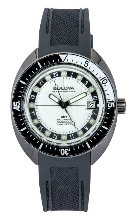 Bulova Oceanographer GMT PU -ranneke, valkoinen kellotaulu, automaattinen Devil Dive's 98B407 200M miesten kello