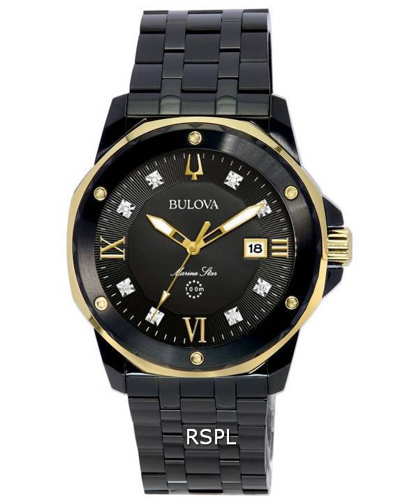 Bulova Marine Star Diamond Accents musta kellotaulu kvartsi 98D176 100M miesten kello