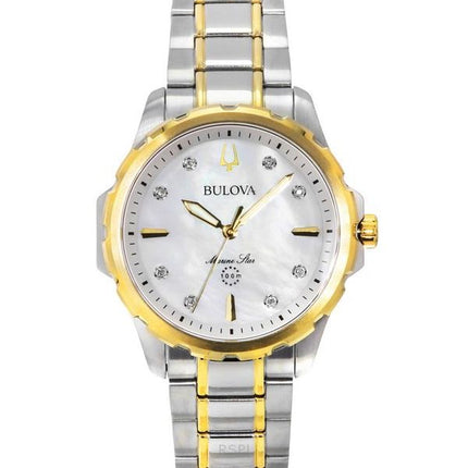 Bulova Marine Star kaksisävyiset ruostumattomasta teräksestä valmistetut timanttikorostukset Mother of Pearl Kellotaulu kvartsi