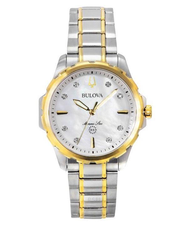 Bulova Marine Star kaksisävyiset ruostumattomasta teräksestä valmistetut timanttikorostukset Mother of Pearl Kellotaulu kvartsi