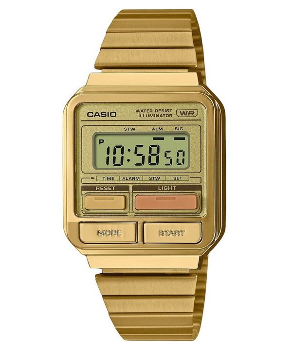 Casio Vintage Digital kullattu ionipinnoitettu ruostumattomasta teräksestä valmistettu kvartsi A120WEG-9A unisex-kello