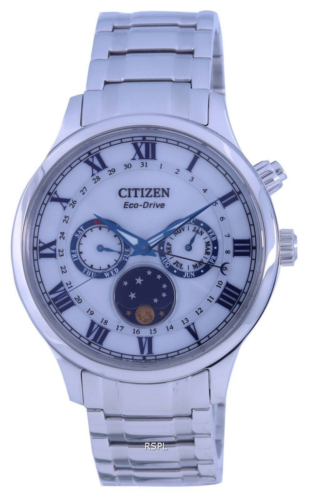 Citizen Moon Phase White Kellotaulu ruostumattomasta teräksestä Eco-Drive AP1050-81A miesten kello