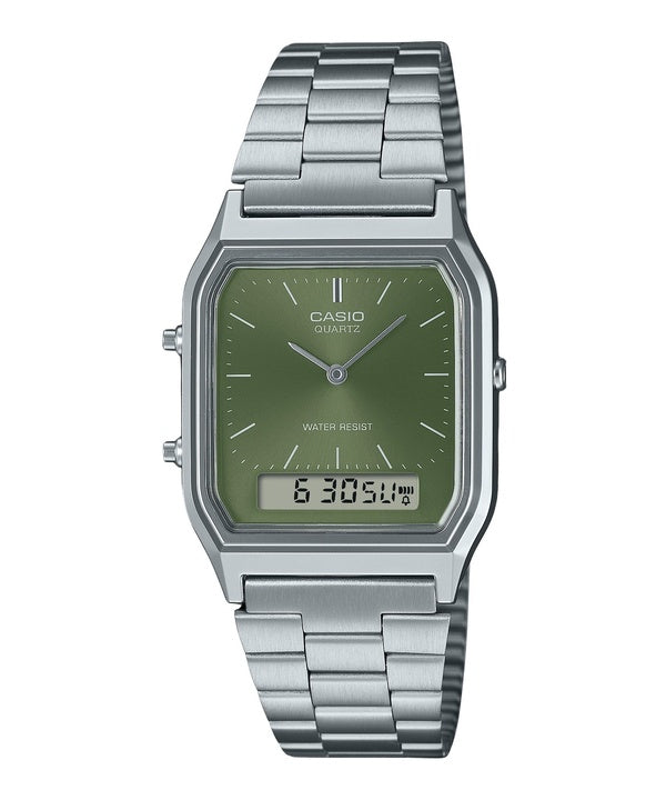 Casio Vintage analoginen digitaalinen vihreä kellotaulu Dual Time Quartz AQ-230A-3AMQY Unisex kello