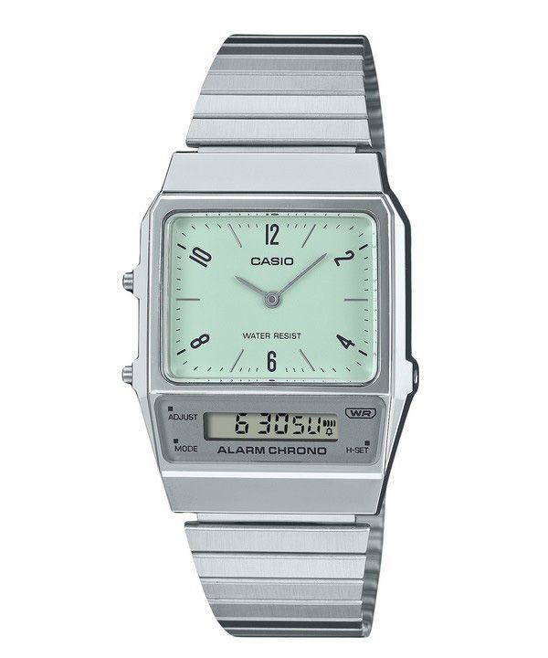 Casio Vintage analoginen digitaalinen Dual Time ruostumattomasta teräksestä valmistettu rannekoru vihreä kellotaulu kvartsi AQ-8