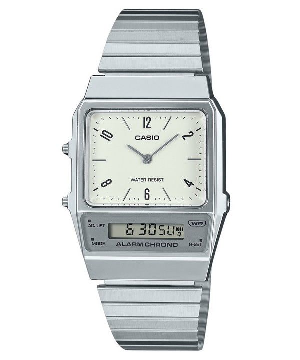 Casio Vintage analoginen digitaalinen Dual Time ruostumattomasta teräksestä valmistettu rannekoru valkoinen kellotaulu kvartsi A