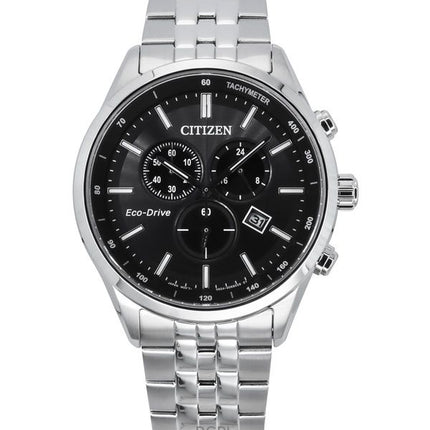 Citizen Eco-Drive Chronograph ruostumattomasta teräksestä valmistettu musta kellotaulu AT2570-56E 100M miesten kello