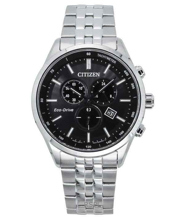 Citizen Eco-Drive Chronograph ruostumattomasta teräksestä valmistettu musta kellotaulu AT2570-56E 100M miesten kello