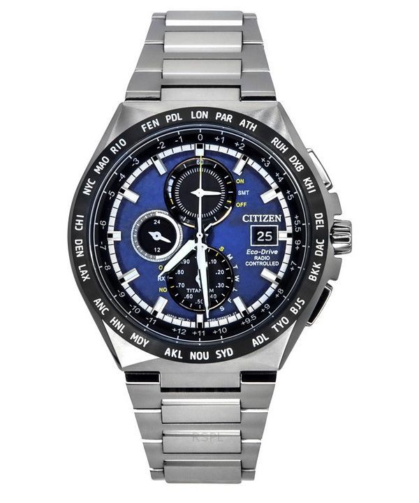 Citizen Eco-Drive Radio-ohjattu GMT Chronograph Super Titanium Blue Kellotaulu AT8238-84L 100M Miesten kello