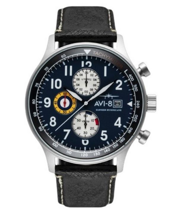 AVI-8 Hawker Hurricane Classic Chronograph Midnight musta nahkahihna, sininen kellotaulu kvartsi AV-4011-0I miesten kello