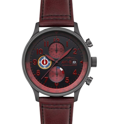 AVI-8 Hawker Hurricane Classic Chronograph Blood Red Nahkahihna Musta Kellotaulu Kvartsi AV-4011-0S Miesten kello