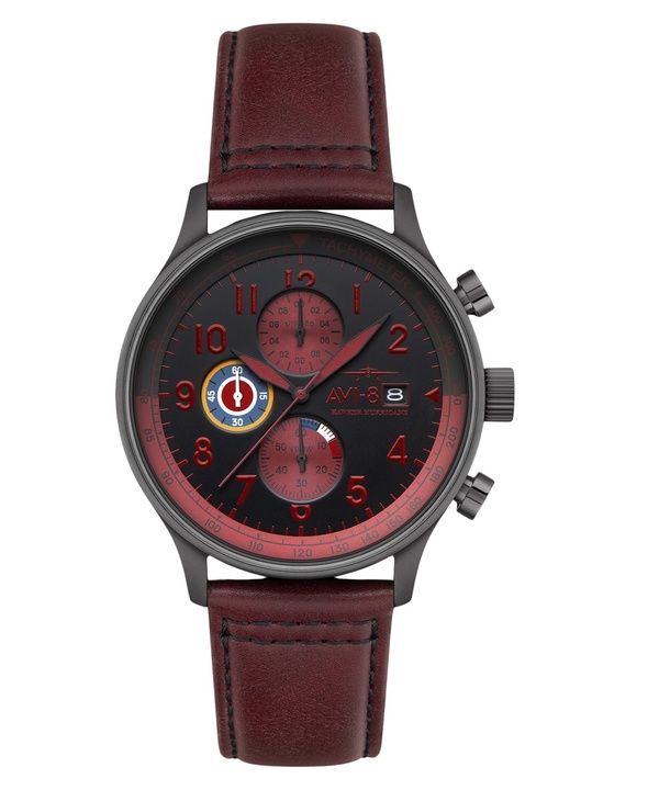 AVI-8 Hawker Hurricane Classic Chronograph Blood Red Nahkahihna Musta Kellotaulu Kvartsi AV-4011-0S Miesten kello