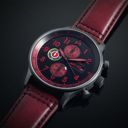 AVI-8 Hawker Hurricane Classic Chronograph Blood Red Nahkahihna Musta Kellotaulu Kvartsi AV-4011-0S Miesten kello