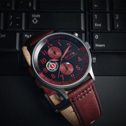 AVI-8 Hawker Hurricane Classic Chronograph Blood Red Nahkahihna Musta Kellotaulu Kvartsi AV-4011-0S Miesten kello