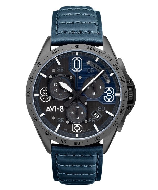 AVI-8 P-51 Mustang Blakeslee Chronograph Air Blue nahkaranneke harmaa ja sininen kellotaulu kvartsi AV-4077-04 miesten kello