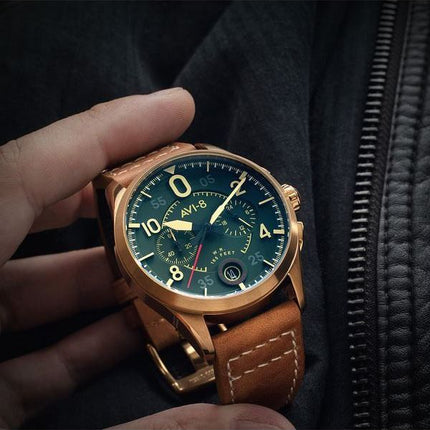 AVI-8 Spitfire Lock Chronograph Nahkahihna Pronssi Vihreä Kellotaulu Kvartsi AV-4089-02 Miesten kello