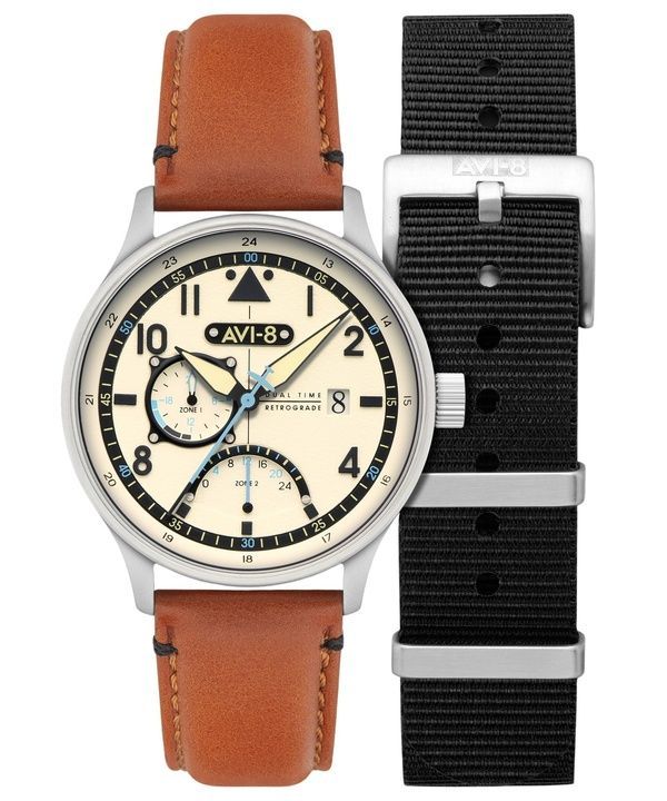 AVI-8 Hawker Hurricane Mckellar Dual Time Brown Beige Nahkahihna Kermanvärinen kellotaulu AV-4101-0C Quartz Miesten kello lisähi