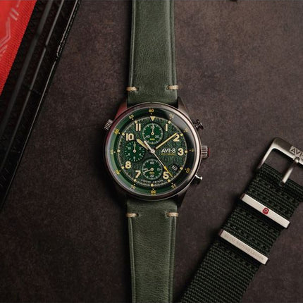 AVI-8 Flyboy Royal British Legion Tri-Service Chronograph Limited Edition Marlborough Lines Green Dial Quartz AV-4102-RBL-03 Mie