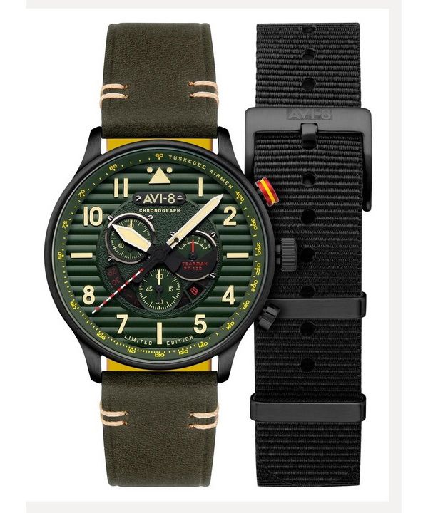 AVI-8 Flyboy Spirit Of Tuskegee Chronograph Limited Edition Roberts Green Dial Quartz AV-4109-04 Miesten kello lisähihnalla