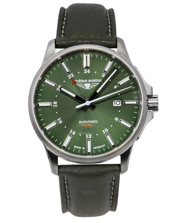 Bauhaus Aviation GMT vihreä nahkaranneke Tummanvihreä kellotaulu automaattinen 28684 100M miesten kello