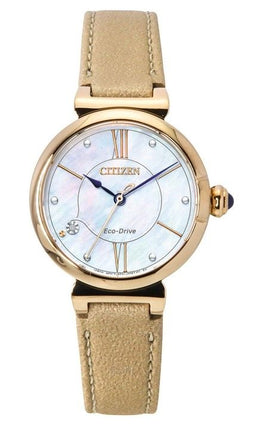 Citizen L-sarjan Diamond Accent -nahkahihna, valkoinen helmiäiskellotaulu Eco-Drive EM1073-18D naisten kello