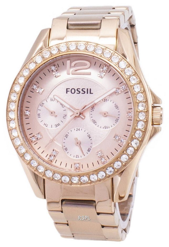 Fossiilisten Riley monitoimilaitteet Crystal Rose Gold ES2811 naisten kello