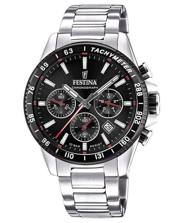 Festina Timeless Chronograph ruostumattomasta teräksestä valmistettu musta kellotaulu kvartsi F20560-6 100M miesten kello