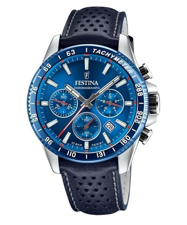 Festina Timeless Chronograph Nahkahihna Sininen kellotaulu kvartsi F20561-3 100M miesten kello