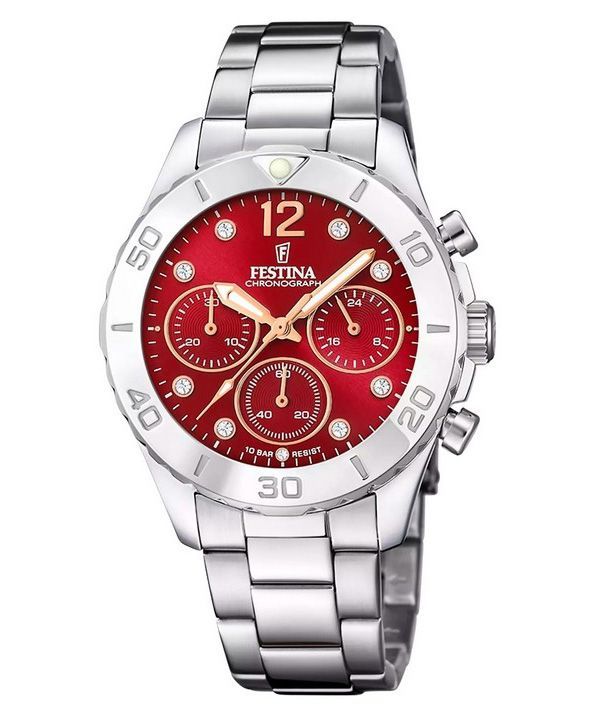 Festina Boyfriend Chronograph ruostumattomasta teräksestä valmistettu punainen kellotaulu kvartsi F20603-2 100M naisten kello