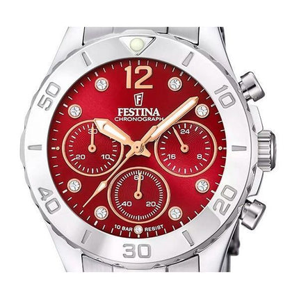 Festina Boyfriend Chronograph ruostumattomasta teräksestä valmistettu punainen kellotaulu kvartsi F20603-2 100M naisten kello