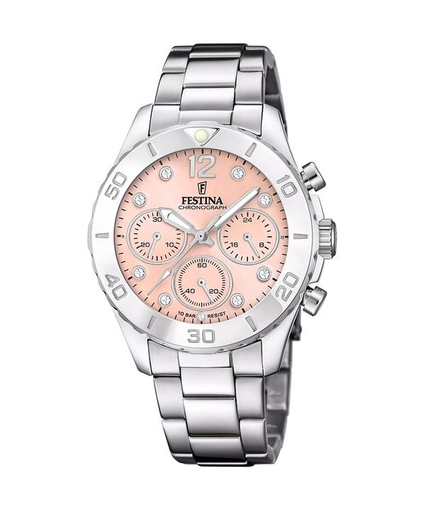 Festina Boyfriend Chronograph Crystal Accents Pink Dial Quartz F20603-7 100M Naisten kello