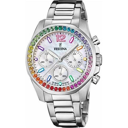 Festina Rainbow Chronograph ruostumattomasta teräksestä valmistettu kristallikoroste hopea kellotaulu kvartsi F20606-2 100M nais