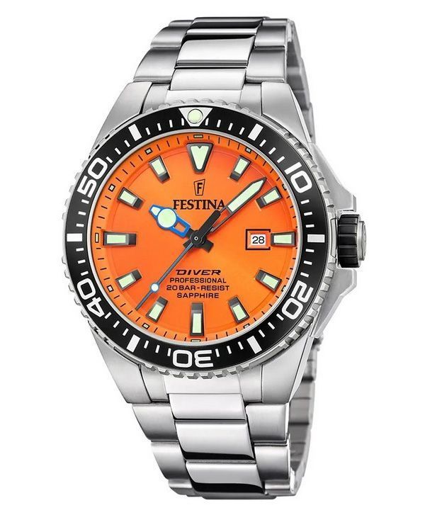 Festina Diver ruostumattomasta teräksestä valmistettu oranssi kellotaulu kvartsi F20663-4 200M miesten kello