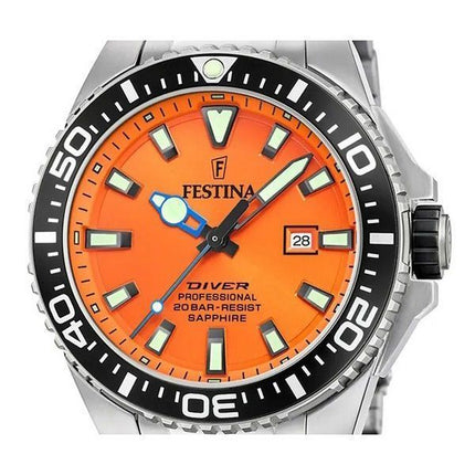 Festina Diver ruostumattomasta teräksestä valmistettu oranssi kellotaulu kvartsi F20663-4 200M miesten kello