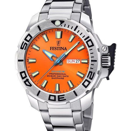 Festina Alkuperäiset ruostumattomasta teräksestä oranssi kellotaulu kvartsi Diver&#39,s F20665-5 200M miesten kello