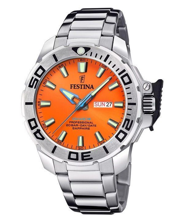 Festina Alkuperäiset ruostumattomasta teräksestä oranssi kellotaulu kvartsi Diver&#39,s F20665-5 200M miesten kello