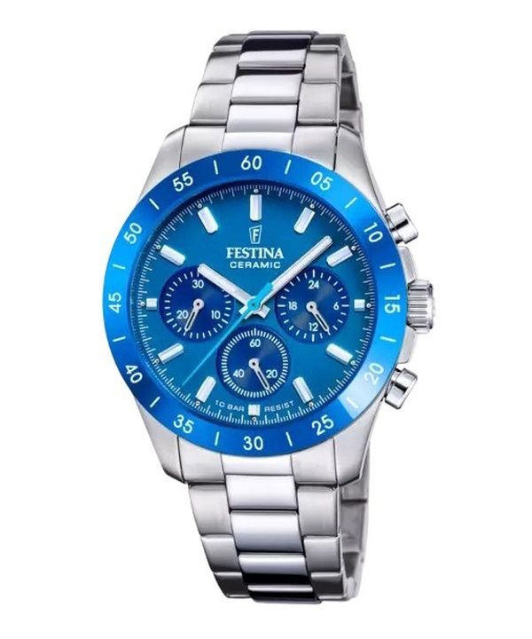 Festina keraaminen kronografi ruostumattomasta teräksestä, sininen kellotaulu kvartsi F20693-4 100M naisten kello