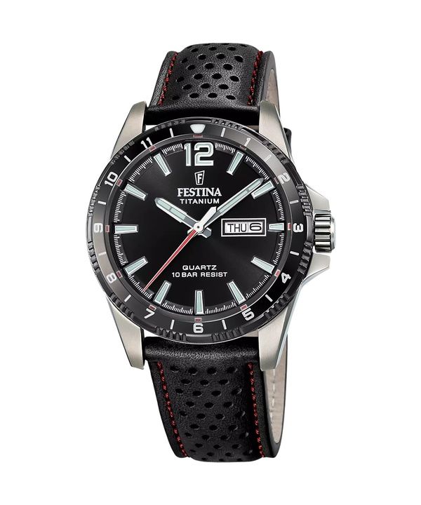 Festina titaaninen nahkaranneke musta kellotaulu kvartsi F20699-4 100M miesten kello