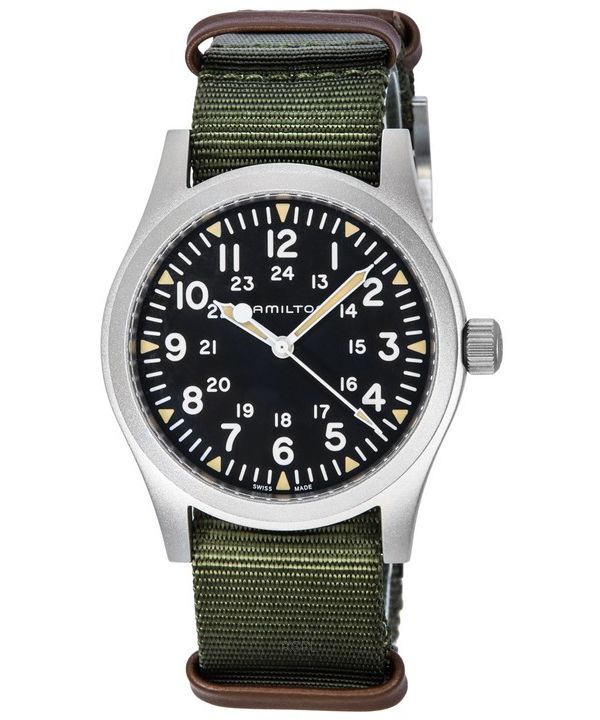 Hamilton Khaki Field nailonhihna, musta kellotaulu, mekaaninen H69529933 miesten kello