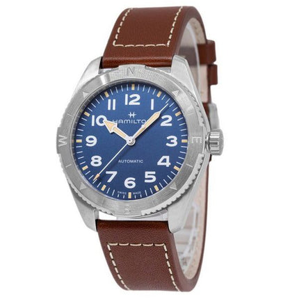 Hamilton Khaki Field Expedition nahkahihna, sininen kellotaulu automaattinen H70315540 100M miesten kello