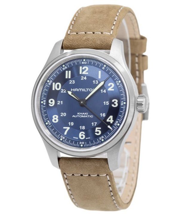 Hamilton Khaki Field Titanium Nahkahihna Sininen Kellotaulu Automaattinen H70545540 100M Miesten kello