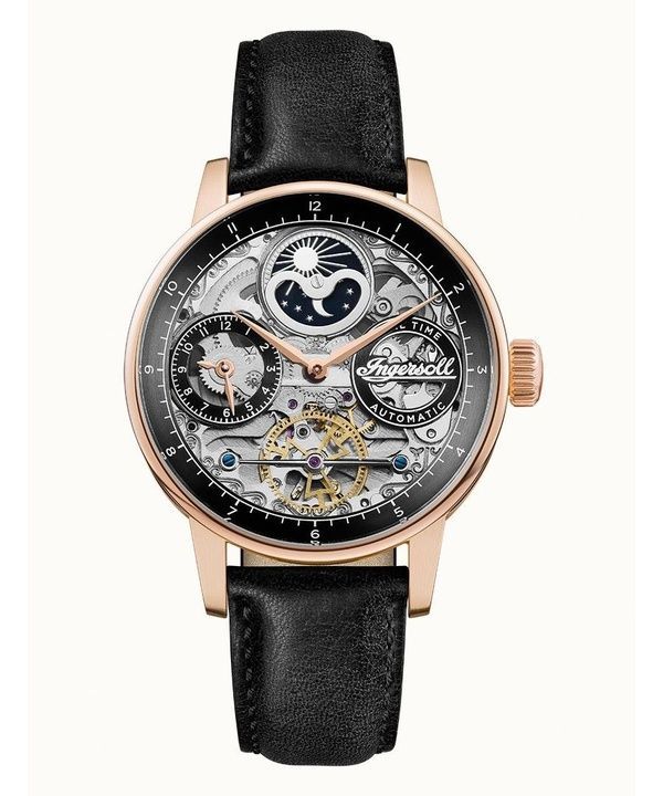 Ingersoll The Jazz Moon Phase nahkaranneke musta luuranko kellotaulu I07705 miesten kello