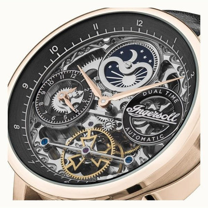 Ingersoll The Jazz Moon Phase nahkaranneke musta luuranko kellotaulu I07705 miesten kello