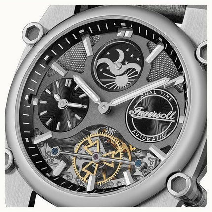 Ingersoll The Varsity Sun &amp, Moon Phase nahkahihna luuranko Harmaa kellotaulu automaattinen I15402 miesten kello