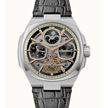 Ingersoll The Spirit Moon Phase nahkaranneke musta luuranko kellotaulu I15801 miesten kello