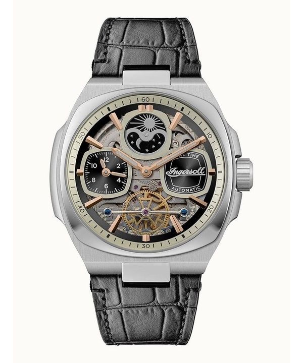 Ingersoll The Spirit Moon Phase nahkaranneke musta luuranko kellotaulu I15801 miesten kello