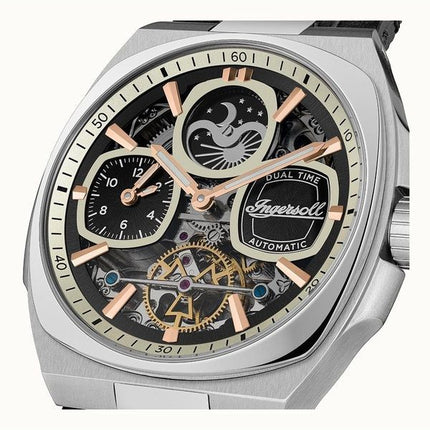 Ingersoll The Spirit Moon Phase nahkaranneke musta luuranko kellotaulu I15801 miesten kello