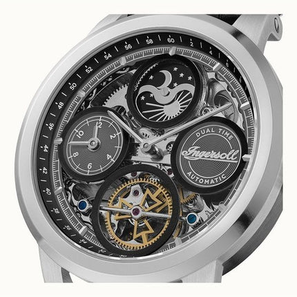 Ingersoll The Arc Moon Phase nahkaranneke musta luurankokellotaulu automaattinen I16001 miesten kello