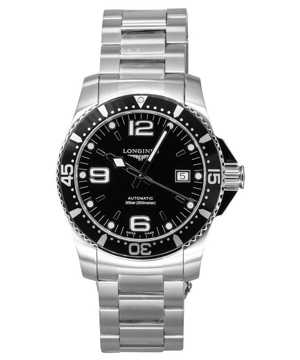 Longines HydroConquest ruostumattomasta teräksestä valmistettu musta kellotaulu automaattinen sukeltaja L3.742.4.56.6 300M miest